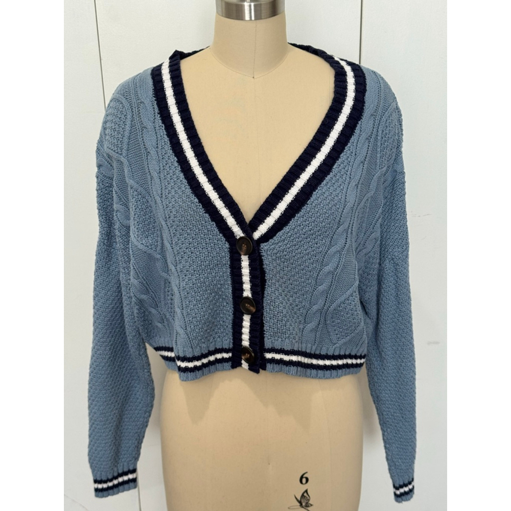 Women's hooked up vneck cropped Cardigan Blue/Navy edge stripe Size M